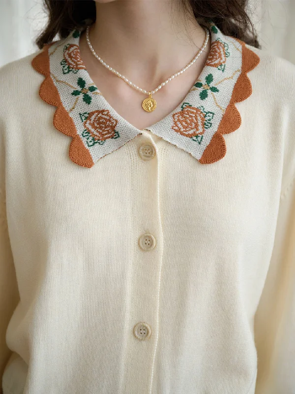 【Final Sale】Lillian Floral Embroidered Wave Collar Contrast Knitted Cardigan