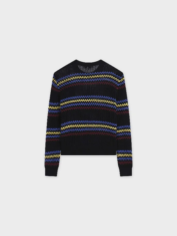 Mesh Striped Sweater-Blue/Burgundy/Yellow