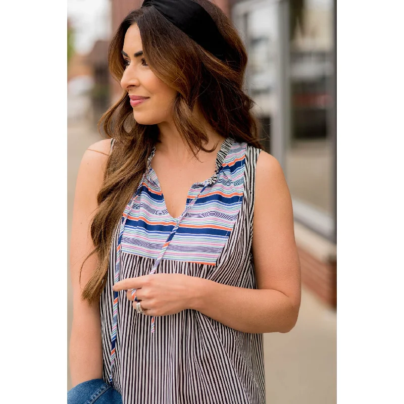 Mixed Stripes Tie Neck Tank