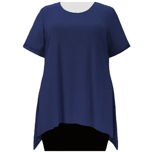 Navy Short Sleeve Round Neck Sharkbite Hem Pullover Top Women's Plus Size Top