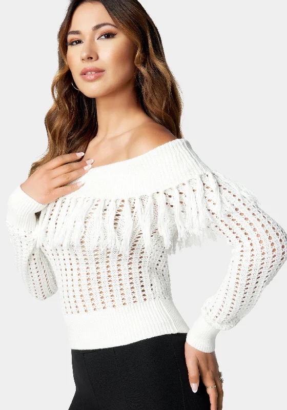 Off Shoulder Fringe Detail Sweater