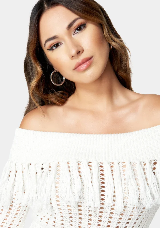 Off Shoulder Fringe Detail Sweater