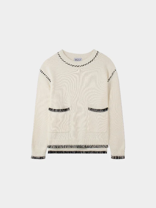 Overlock Stitch Sweater-Cream/Black