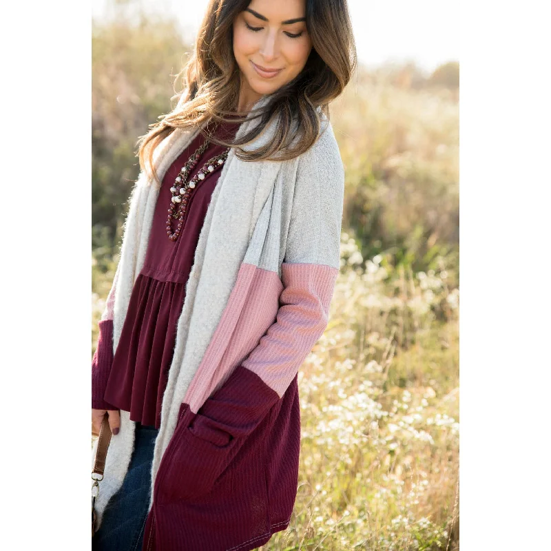 Pink/Burgundy Color Blocked Thermal Cardigan