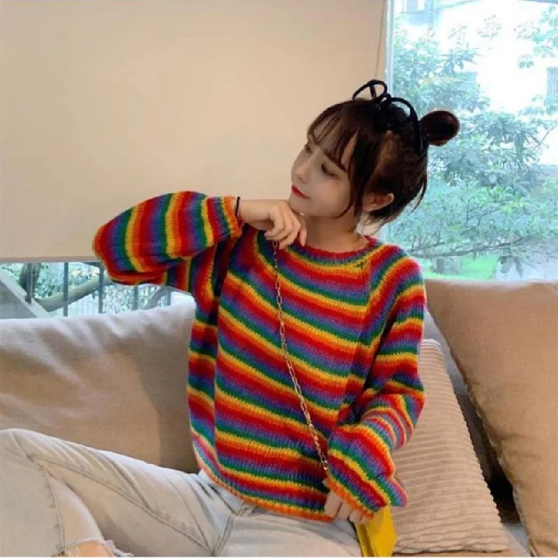 KittenAlarm - Rainbow Striped Casual Cropped Sweater