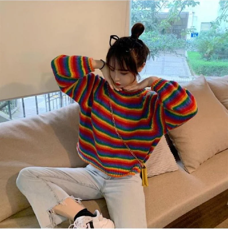 KittenAlarm - Rainbow Striped Casual Cropped Sweater