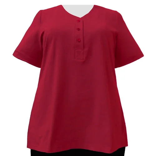 Red Cotton Knit Short Sleeve Y-Neck Placket Blouse Women's Plus Size Top