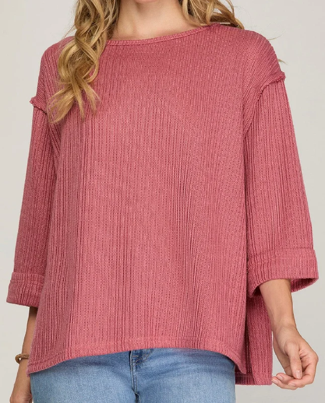 3/4 Folded Sleeve Knit Top