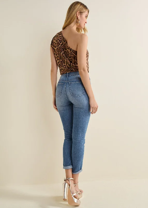 One-shoulder crop top - Brown & Black